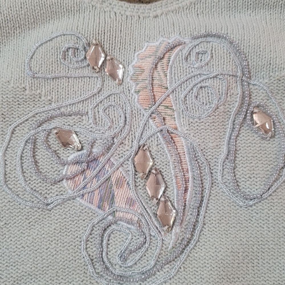 Vintage - 80's Marc D'Alcy Pale Blue Lambswool and Silk Embellished Tank Sweater - Picture 6 of 7